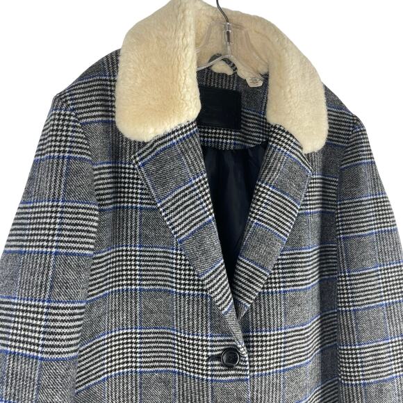 Levi's Amaya Wool Blend Houndstooth Plaid Coat Faux Fur Gray Blue Size L - Picture 7 of 11